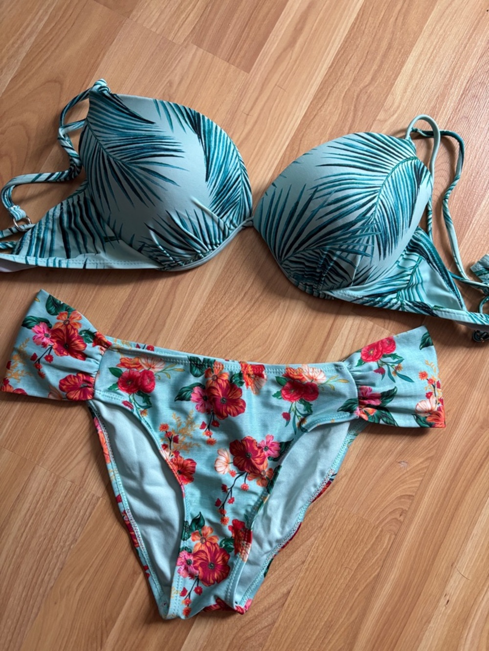 Light Teal Floral & Palm Print Bikini Set